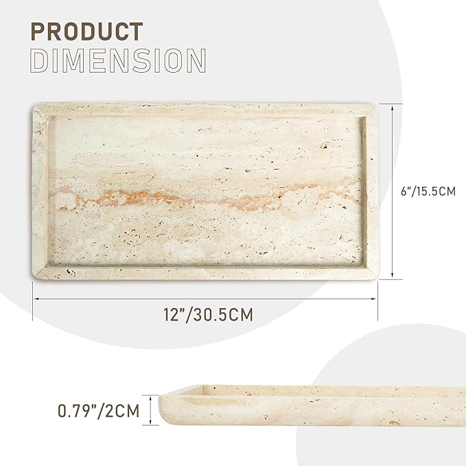 Natural Marble Travertine Vanity Tray, 12 x 6 inch Home Decor Tray for Home,Bathroom, Kitchen, Dresser, Coffee Table, Sink Storage Holder Organizer,Beige Travertine(NS015)