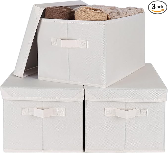 WUIKE 3 Pack Large Fabric Storage Baskets with Cover for Bedroom, Closet Storage Bins with Lids for Clothes, Towel, Blanket, Purse, Hats