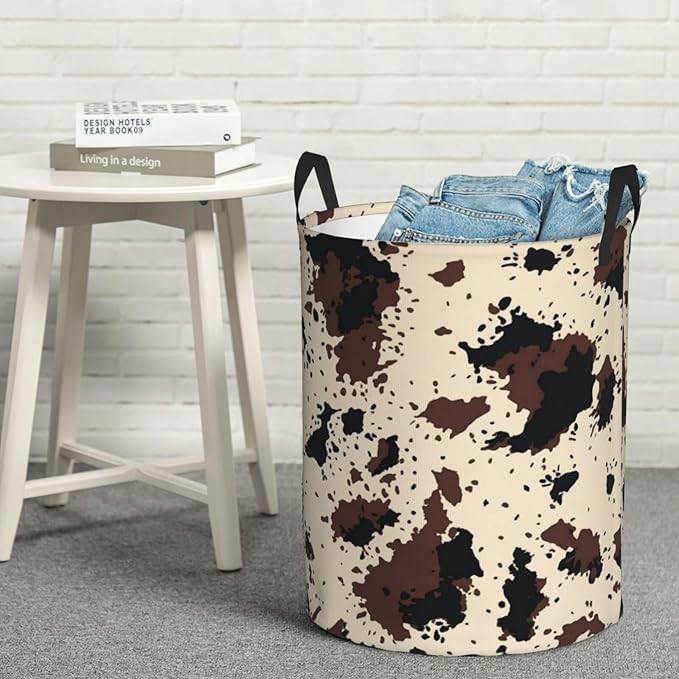 Highland Cow Texture Round Laundry Hamper Cowskin Print Storage Basket Toys Clothes Organizer Bin For Home Bathroom Bedroom Dorm Nursery, 38l