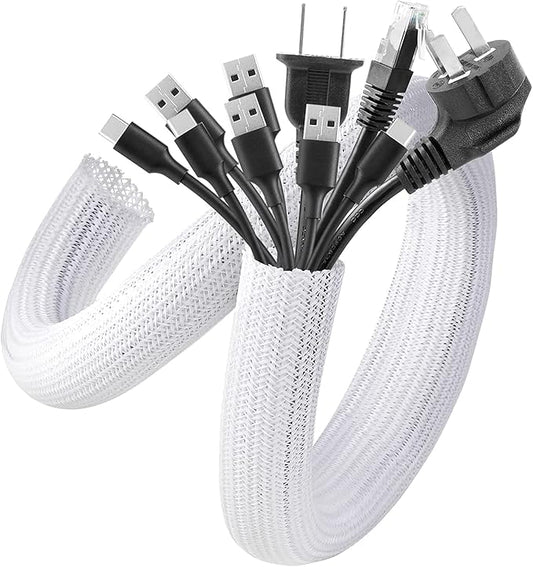 AGPTEK Cable Sleeve Cover, 6.6ft - 1.5 inch Desk Cord Organizer Cable Hider, Home Office Wire Management Computer TV Wire Loom Tubing, Pet Proof Cord Protector, from Cat Dog Chewing, White