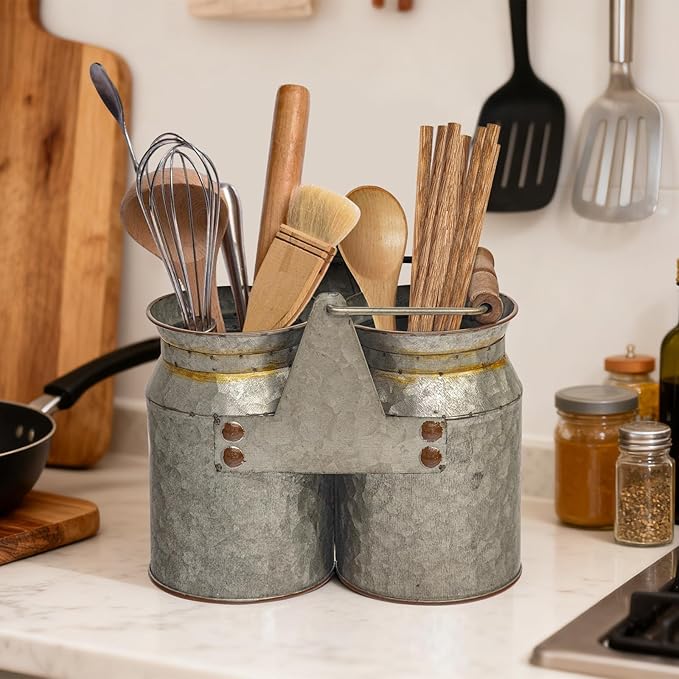 Set of 2 Rustic Galvanized Utensil Holders with Handles, Farmhouse Kitchen Crocks for Spoons, Forks & Knives, Countertop Organizer Buckets for Rustic Farmhouse Decor, 8"x4"x6.75"