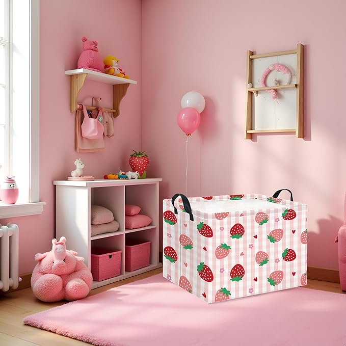 Rectangular Kids Storage Basket Boys for Home Kitchen Girls Cute Storage Bin Organizer Shelf Book Room Decor(Stawberry)