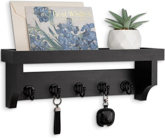 Key and Mail Holder Wall Mount, Key Holder with Shelf and Mail Organizer Wall Mount. Mail Holder with 5 Hooks for Coat, Dog Leash, Home Decor Rack, Entry Way Organizer (Black)