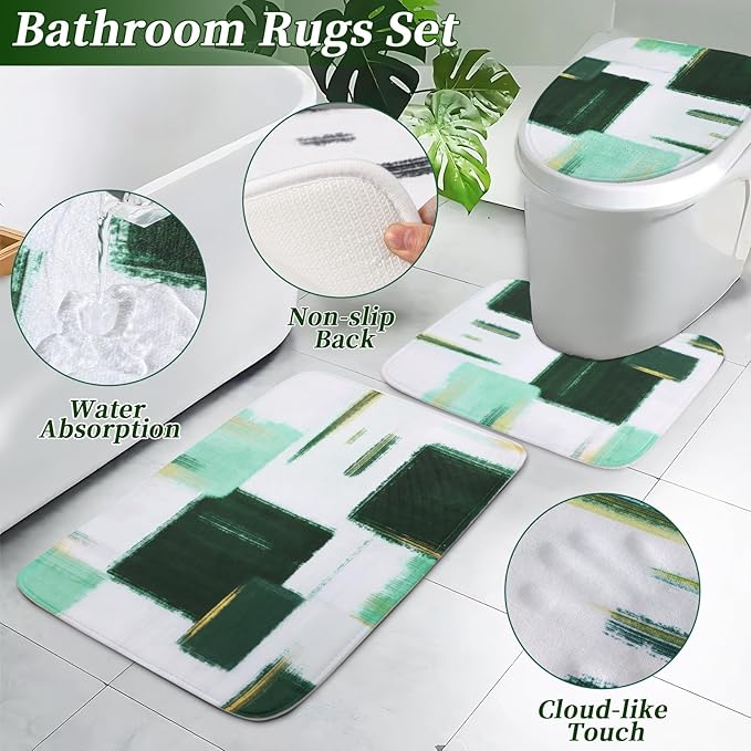 Bathroom Set - Dark Green and Gold Bathroom Accessories Set, Bathroom Sets with Shower Curtain and Rugs, Green Shower Curtain Set with Bathroom Trash Can, Soap Dispenser, Soap Dish for Home