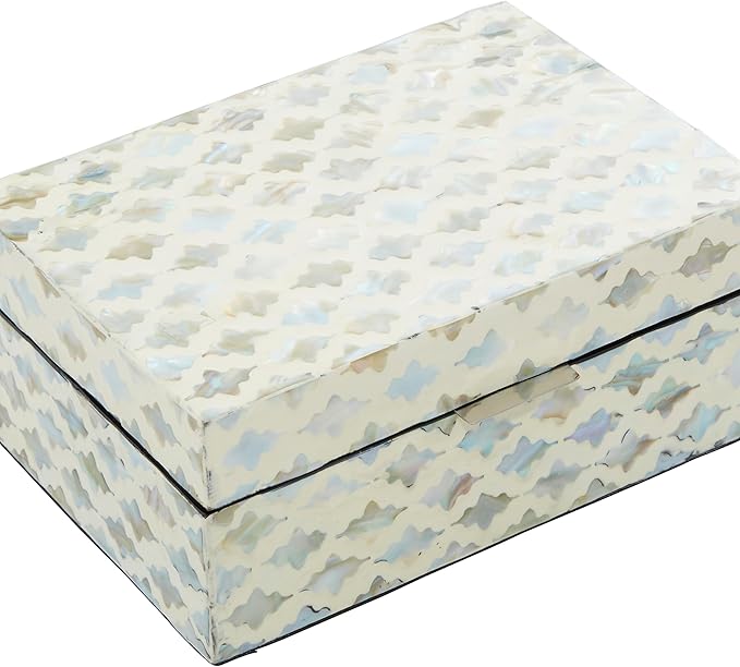 Deco 79 Mother of Pearl Shell Geometric Handmade Decorative Box Storage Decorative Keepsake Boxes with Hinged Lid, Set of 2 Storage Boxes 12", 8"W, Cream