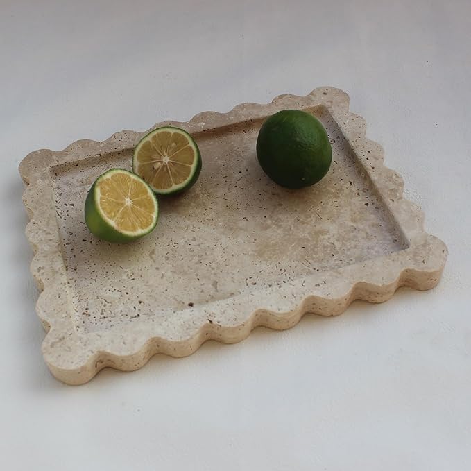 Natural Luxury Scalloped Marble Tray 10.8"x8", Rectangle Vanity Tray for Bathroom Kitchen Counter, Decorative Tray for Dresser Home Decor - Beige Travertine