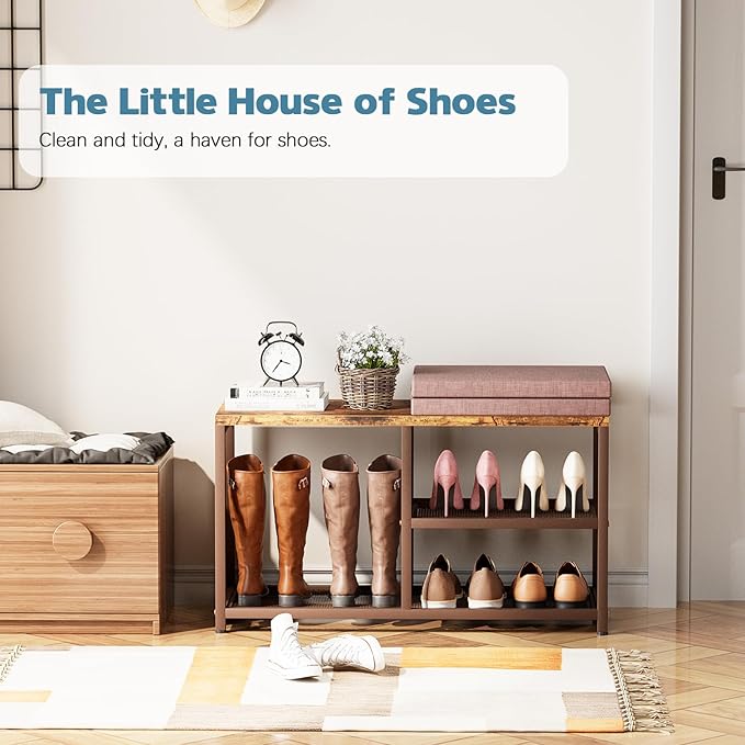 Shoe Rack Bench for Entryway 3-Tier, Free Standing Shoe Racks with Seat Cushion, Narrow Shoe Storage Shelf with Boot Organizer, Shoe Rack for Small Spacesh with Wood Bench (Brown + Coffee)