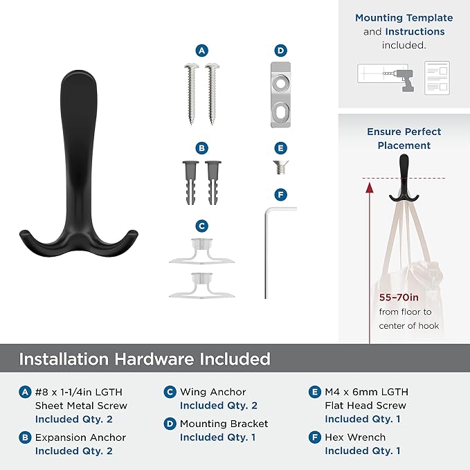 Amerock HBX37013MB | Finesse Triple Prong Decorative Wall Hook | Matte Black Hook for Coats, Hats, Backpacks, Bags | Hooks for Bathroom, Bedroom, Closet, Entryway, Laundry Room, Office
