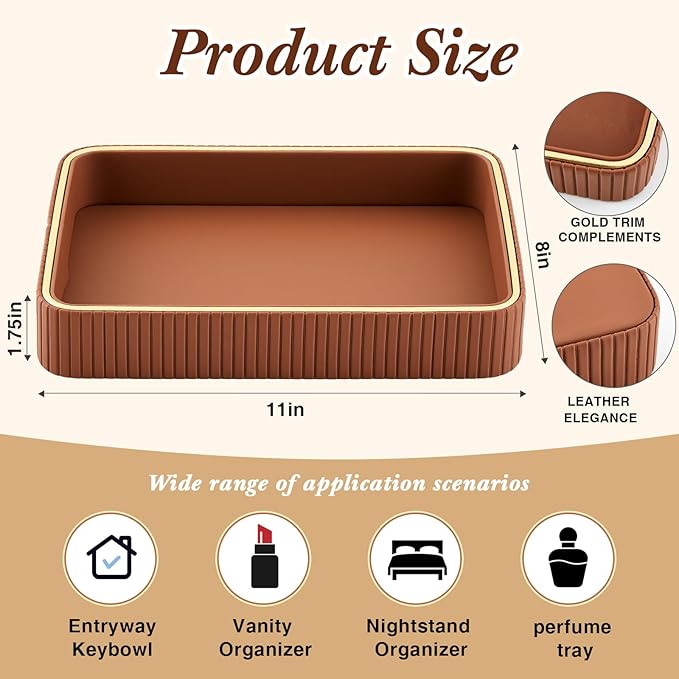 PU Leather Valet Tray 11 x 8 x 1.75 Inch Desktop Storage Organizer Catchall Bedside Table Tray Nightstand Caddy Holder for Men Women Gift for Key Bowl Wallet Phone Coin Vanity Perfume