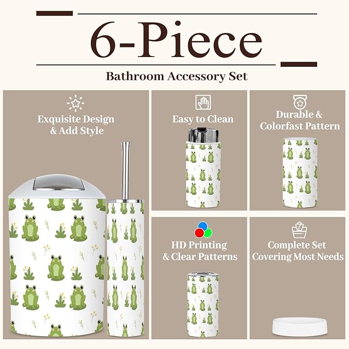 6 Piece Bathroom Accessories Set Cute Frogs Nature Seamless Pattern Funny Green Frog Character Pattern Trash can Toilet Brush Holder Toothbrush Holder Toothbrush Cup Soap Dispenser Soap Dish for Home