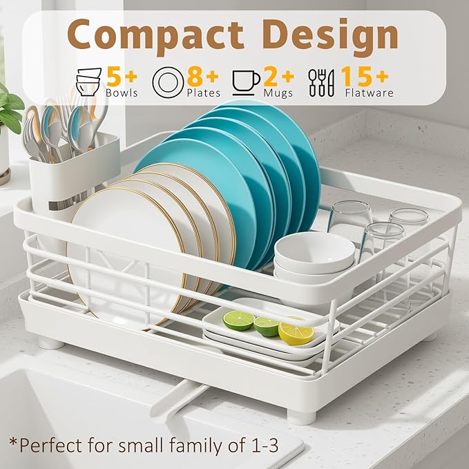 Dish Drying Rack for Kitchen Counter, Stainless Steel Sink Organization and Storage Essentials with Cutlery Holder, 9.05''W x 15.35''L, Stainless Steel Dish Strainer with Utensil Holder