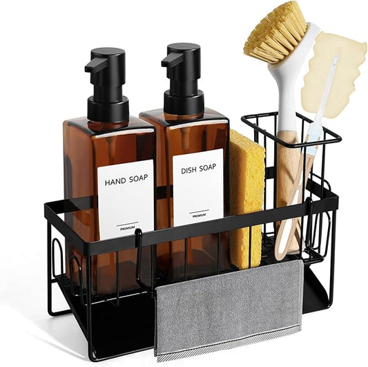GMISUN Dish Soap Dispenser, 12 Fl oz / 350 ml Dual Soap Dispenser with Sponge Holder, Customized Amber Glass Kitchen Soap Dispensers Set, Modern Hand and Dish Soap Dispensers Set Removable