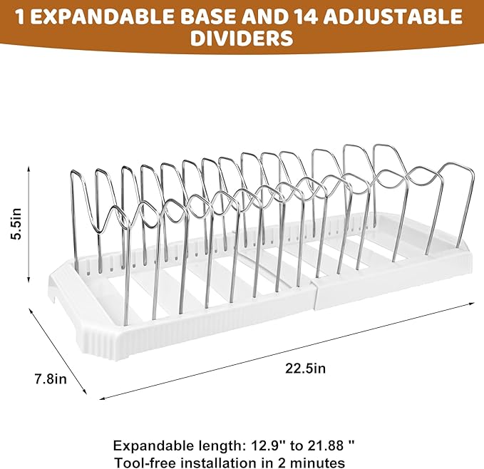 Expandable Pot Rack Organizer, 10 Adjustable Compartments, Pot and Pan Organizer Rack for Cabinet with Cup Brush Dividers, 13 -22" Wide Adjustable Pan Organizer - Pantry Countertop Storage (White)