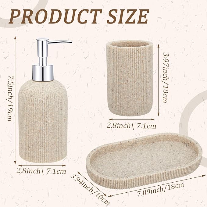 3 Pcs Toothbrush Holder, Soap Dispenser and Toothbrush Holder, Stripes Decorative Tray Set, Vanity Tray for Bathroom, Frosted Farmhouse Decor