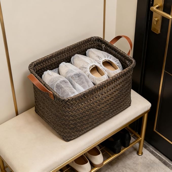 GIB Large Wicker Storage Baskets for Shelves, Woven Laundry Basket for Organizing Clothes Blanket Basket, Decorative Rectangular Closet Organizers Storage Bins with Handles, Black/Dark Gray, 4 Pack