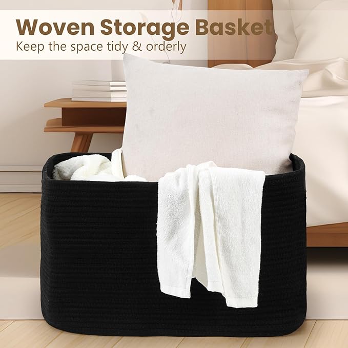 95L Large Blanket Basket, Woven Storage Baskets with Reinforced Handles, Rope Laundry Basket for Living Room, Bedroom, Nursery, Toys, Clothes,Pillows, 24â x 17â x 13.5â, Black