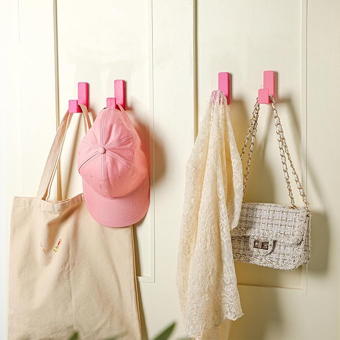 6 Pack Cute Kids Coat Wall Hooks Wooden Adhesive Decorative Colorful Wall Mounted Hangers Backpack Hooks for Hanging Keys Towel Clothes Bathroom Organization(Pink Mixed Color)