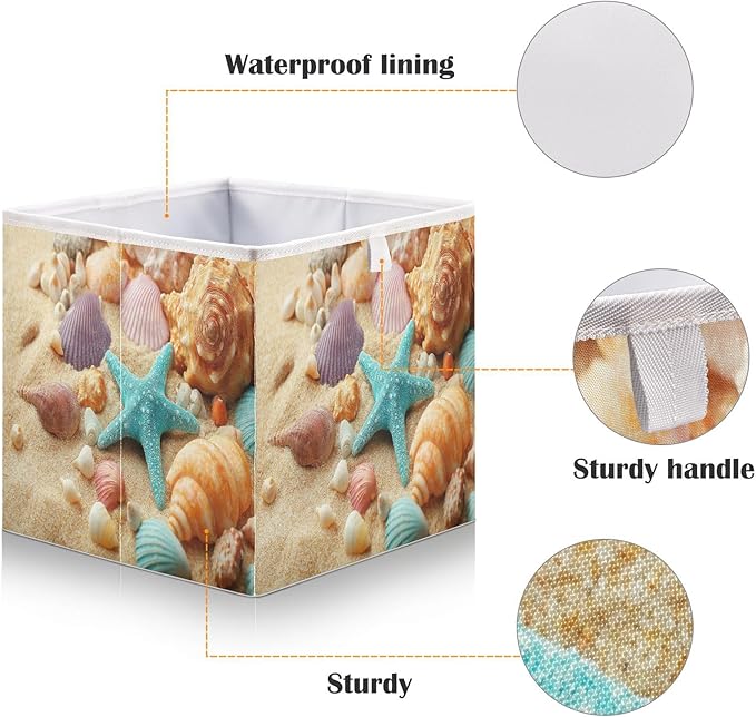 Blueangle Shells on Summer Beach Cube Storage Bin, 11 x 11 x 11 in, Large Collapsible Organizer Storage Basket for Home Décor