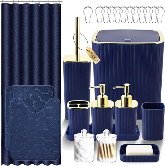 Bathroom Set with Shower Curtain and Rugs- 25PC Blue Bathroom Accessory Set, Navy Blue Shower Curtain Set, Toilet Brush, Trash Can, Qtip Holder & Soap Dispenser