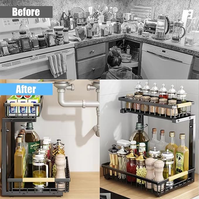 LUWUIDEN Under Sink Organizer and Storage: 2-Tier Adjustable Height Under Sink Bathroom Organizers Multi-Purpose Bathroom Cabinet Pull Out Drawers for Kitchen with Hooks (Black)