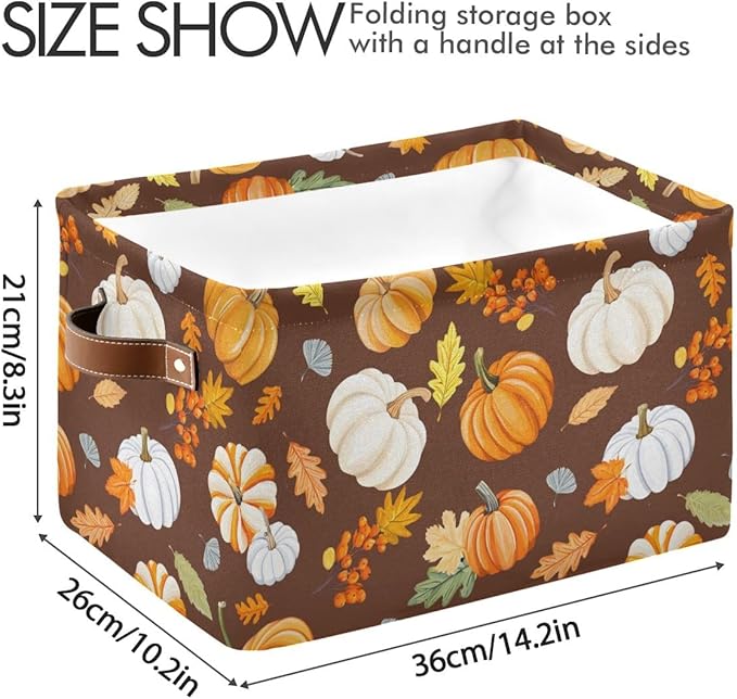 Pumpkin Maple Leaf Pattern Storage Basket,Large Storage Bin Fabric Collapsible Organizer Bag with Handles 15x11x9.5 inch