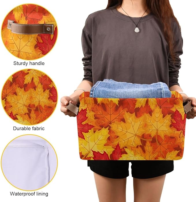 Fall Maple Leaves in Autumn Storage Basket,Large Storage Bin Fabric Collapsible Organizer Bag with Handles 15x11x9.5 inch