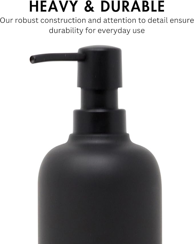 Matte Black Round Soap Dispenser for Kitchen & Bathroom – 15 oz Refillable Resin Pump Bottle for Dish Soap, Hand Soap, Shampoo, Conditioner – Modern Countertop Dispenser with Non-Slip Protective Pads