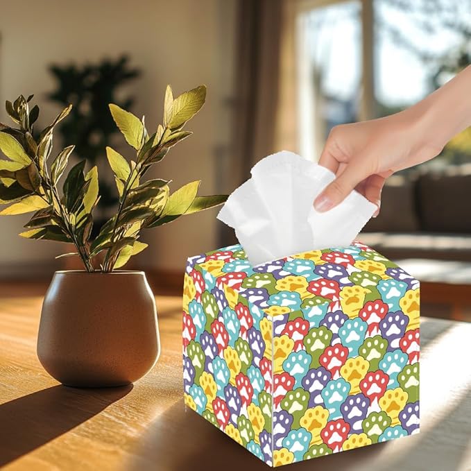 Cat Paws Tissue Box Holder, Square Tissue Box Cover Foldable Tissue Storage Box Waterproof Paper Towel Case Container Organizer Cute Tissue Box Holder for Bedroom Office Bathroom Car