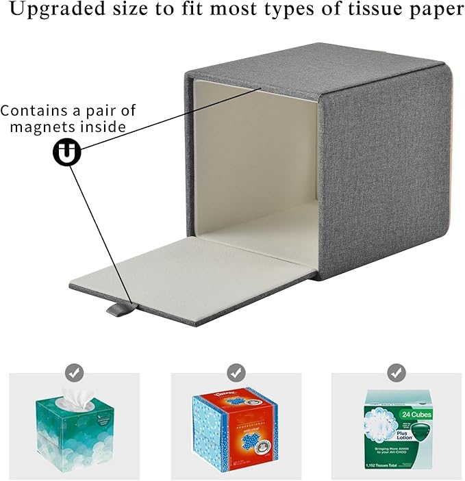 Linen Square Tissue Box Holder Cube Tissue Box Coverï¼Rosegold Leather Recorate,Napkin Holder Case Dispenser, Tissue Holders with Magnetic Bottom for Home Office Car Hotel Restaurant,Grey