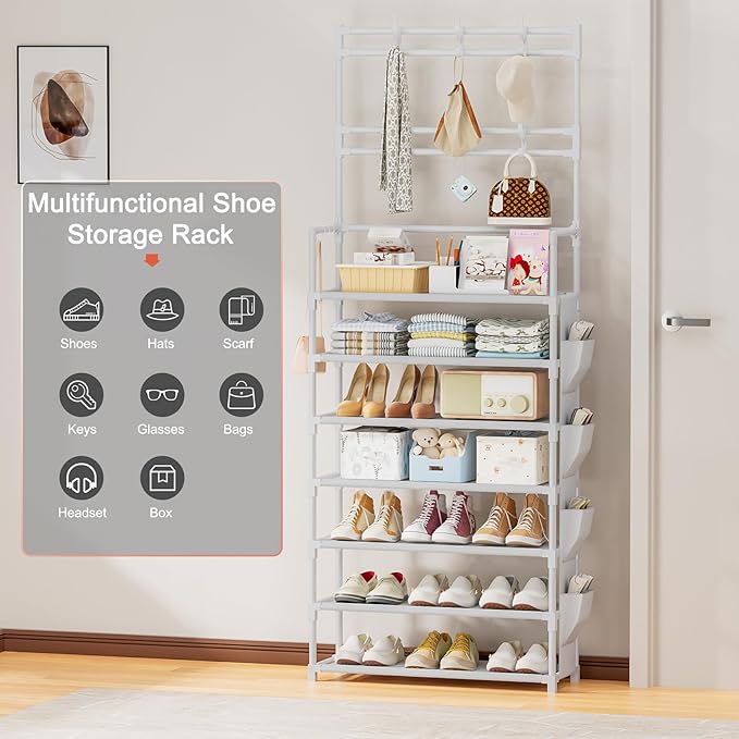 Shoe Rack 7 Tier Shoe Organizer Storage 21-28 Pairs Closet Shoes Rack for Front Door Entrance Shoe Rack Organizer with Hooks Side Pocket Entryway Large Capacity Shoe Shelf Tower Garage