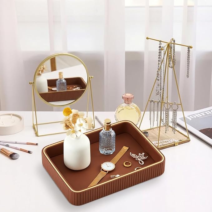 PU Leather Valet Tray 11 x 8 x 1.75 Inch Desktop Storage Organizer Catchall Bedside Table Tray Nightstand Caddy Holder for Men Women Gift for Key Bowl Wallet Phone Coin Vanity Perfume