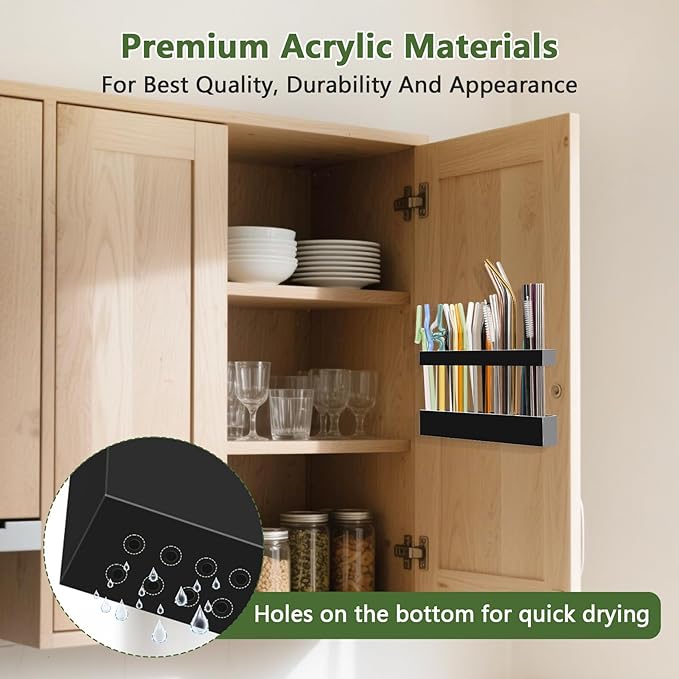 9.5â Large Acrylic Straw Holder for Cabinet Door - Reusable Tumbler Straw Organizer Storage, Small Kitchen Accessories Container, Ultra Sticky Cupboard Door Mounted (Black)