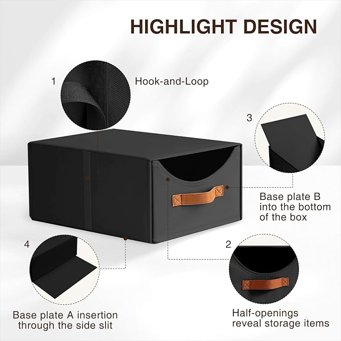 Stackable Storage Drawers - Collapsible Storage Bins with Drawers, 6 Pack Closet Shelf Organizer Basket, Fabric Pull Out Organizer for Bedroom, Living Room, Dorm, Black