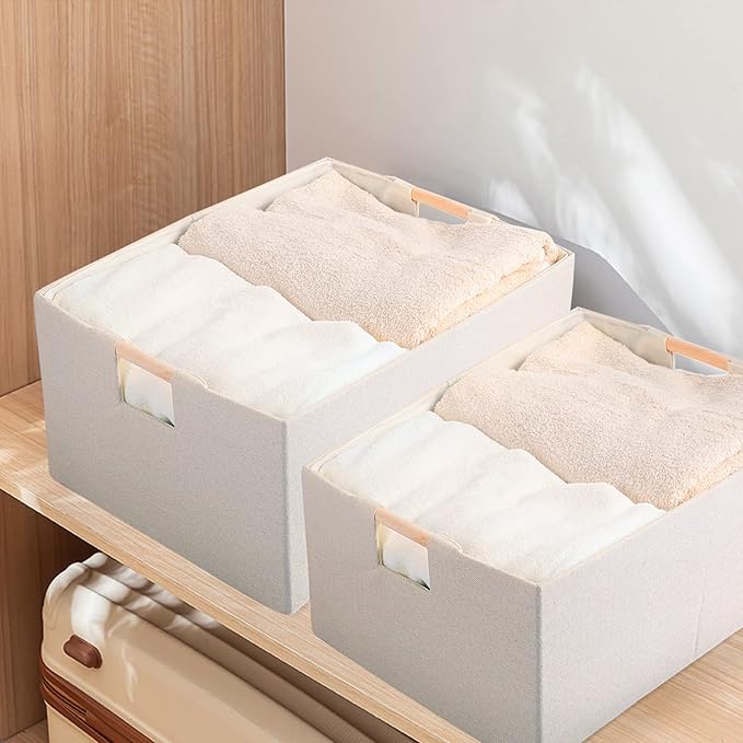 Fabric Storage Bin Box Foldable Cotton Linen Storage Basket with Wooden Handles Rectangular Cube Decorative Home Laundry Organizer Clothes Blanket Container – Beige, Medium