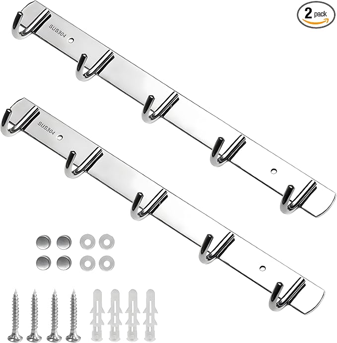 Coat Rack Wall Mounted - 5 Hooks, 304 Stainless Steel, Metal Coat Hook Rail for Coat Hat Towel Purse Robes Mudroom Bathroom Kitchen Entryway (Silver, 2 Packs)