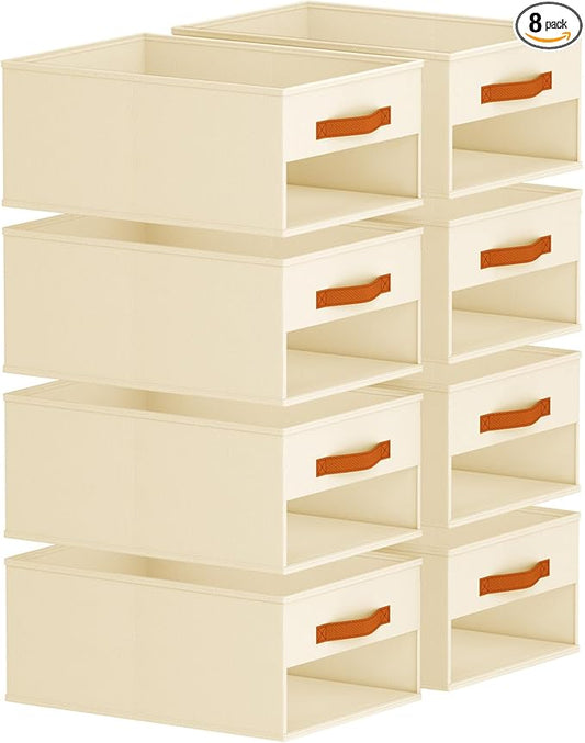 Drawer Organizers and Storage - 8 Pack Foldable Pants Organizer with Clear Window & Handles, Fabric Closet Organizer for Clothes, Jeans, Sweaters, Towels, T-shirt, Scarf (Beige)