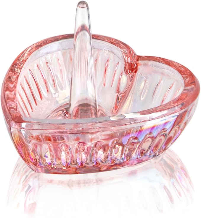 H&D HYALINE & DORA Glass Ring Holder Dish,Crystal Glass Heart Shaped Ring Holder for Women, Crystal Jewelry Tray for Rings,Earrings(AB color-pink)