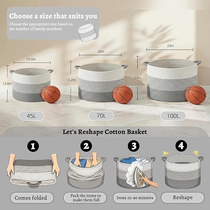 40L Large Cotton Rope Basket, Decorative Woven Blanket Storage for Living Room, Boho Toy Storage & Toy Box for Kids, Versatile Laundry Basket & Nursery Hamper for Blankets(Gery)