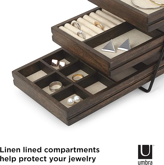 Umbra 1004037-048 Terrace Jewelry Tray â Three-Tier Jewelry Tray With Three Sliding Linen Lined Wood Trays With Metal Frame and Handle, Easy Storage and Access, Black/Walnut Finish