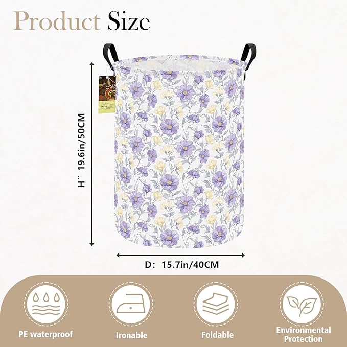 HUNRUNG Laundry Hamper,Large Canvas Fabric Lightweight Storage Basket Toy Organizer Dirty Clothes Collapsible Waterproof for College Dormsï¼Round-Purple Flowersï¼