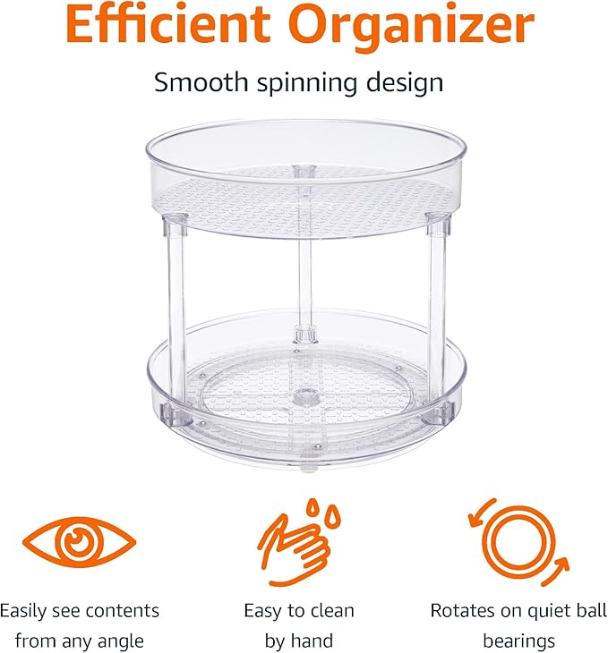 Amazon Basics Lazy Susan Turntable Organizer,9" Diameter,2 Tier,Clear,(Pack of 8)