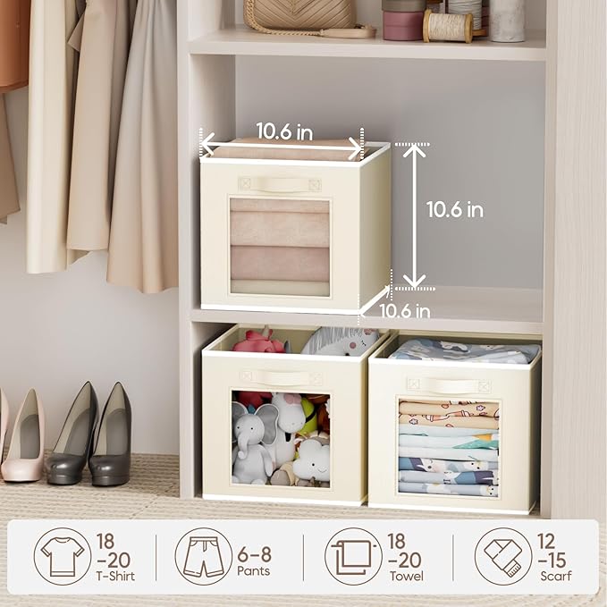 Foldable Storage Cubes - Cubby Storage Organizer with Window, Decorative Baskets for Organizing, Fabric Bins for Clothes Storage, Closet Storage Cubes-11inch, Set of 12, Beige