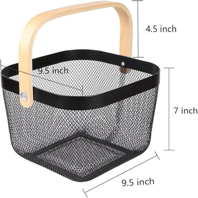 Mesh Steel Storage Organizer Basket Fruit Basket Bin with Wood Handle Ideal for Kitchen Bathroom Picnic Baskets Pantry Cabinets Storage Home Decor (Black)