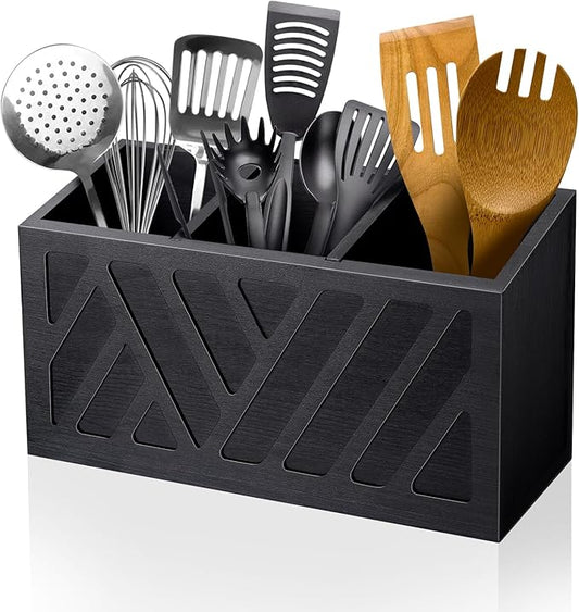 Utensil Holder Caddy with 3 Compartments, Wooden Flatware Cutlery Storage Organizer Box Countertop for Silverware Fork Spoon Spatula