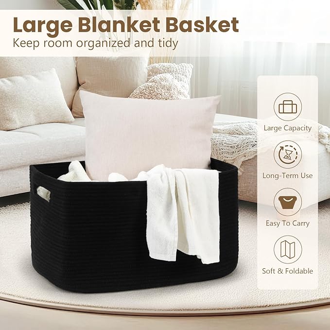 75L Blanket Basket, Large Woven Baskets for Storage, Blanket Storage for Living Room, Rope Basket with Handles for Bedroom, Nursery, Toys, Clothes, 22â x 17â x 11.5â, Black