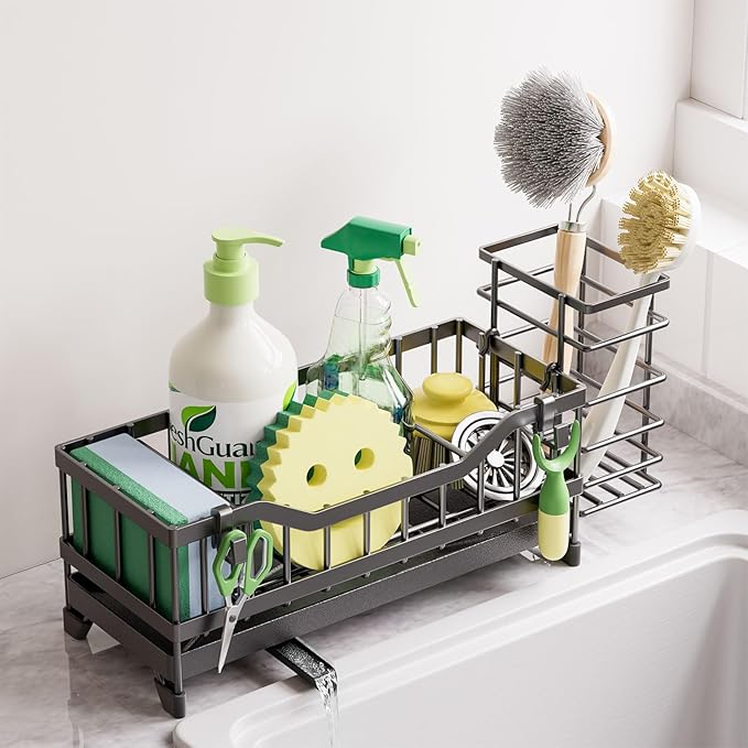 Sponge Holder for Kitchen Sink, Kitchen Sink Caddy with Long-Handled Dish Brushes Holder, 304 Rustproof Stainless Steel Countertop Organizers and Storage, Home Kitchen Sink Accessories (Black)