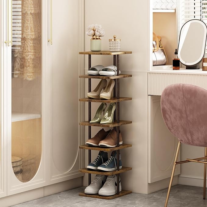 SORCEDAS 7 Tiers Vertical Shoe Rack Wooden Shoe Storage Organizer for Space Saving Narrow Shoe Shelf Storage 7 Pairs for Entryway Living Room Bedroom(Bronze + Rustic Dark Brown)
