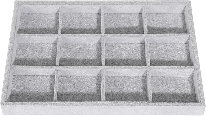 Emibele Bracelets Organizer Jewelry Tray, 12 Grids Velvet Tray Storage for Watches Rings Earrings, Stackable Jewelry Drawer Organizer Showcase Display Trays with Detachable Inner Dividers, Grey