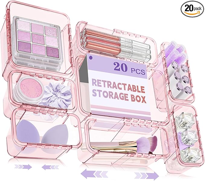 20 Pcs Adjustable Clear Drawer Organizer, All Extendable Vanity Storage Bins, Desk Drawer Organizer Set for Makeup, Cosmetics, Bedroom, and Gadgets, Pink