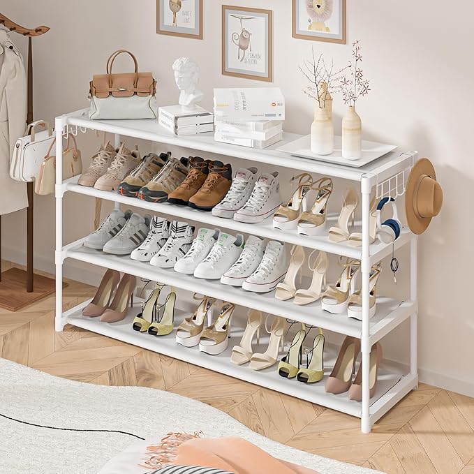 Extra Long Shoe Rack 4 Tier Shoe Storage Organizer with 2 Hooks, Wide Stackable Shoe Organizer Racks for Closet Entryway,Shoe Shelf Stand Sturdy Durable Shoes Holder Up to 26Pairs, White
